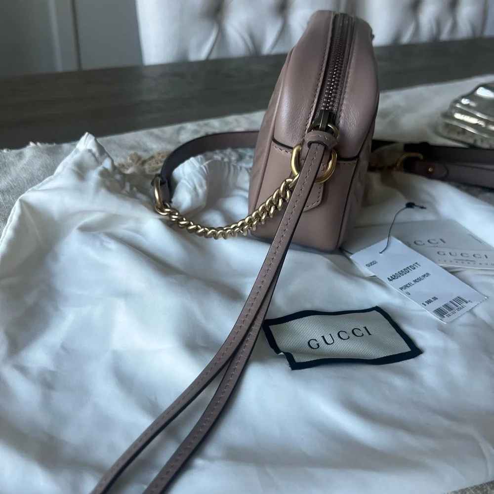 Authentic Calfskin Matelasse Mini GG Marmont Chain Shoulder Bag Porcelain Rose - Picture 3 of 12